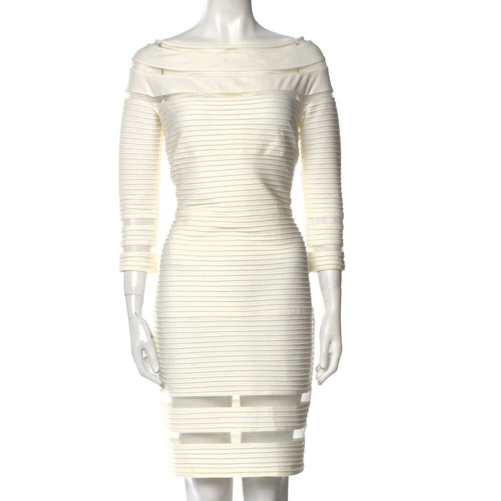Tadashi Shoji Bateau Neck Pleated Sheath Mesh Dress White Women's Size S